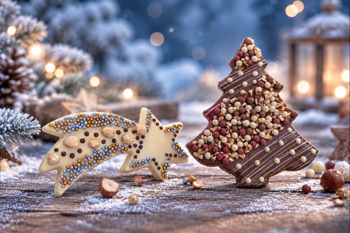 Schokoladensternschnuppe und Weihnachtsbaum