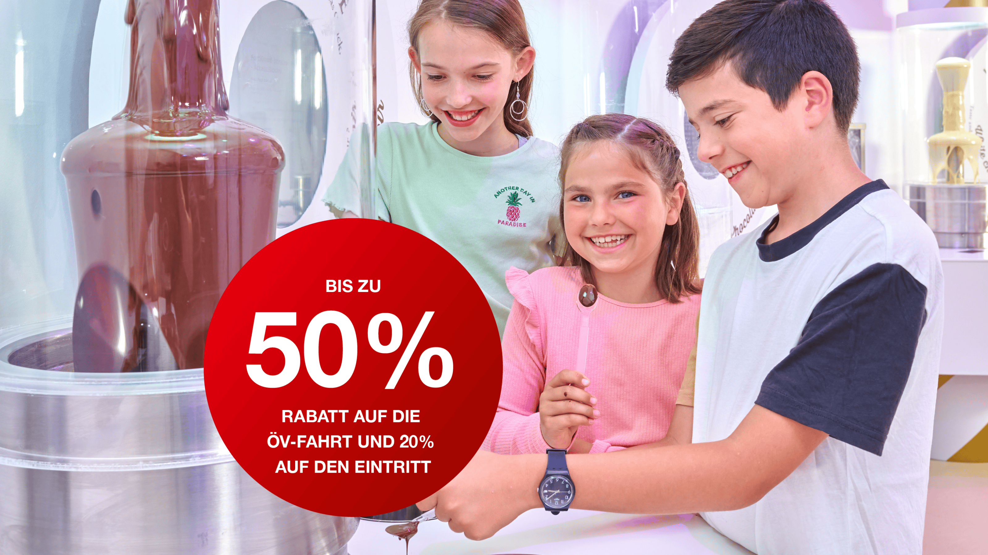 Kinder im Chocolarium. Button 50% Rabatt mit ÖV