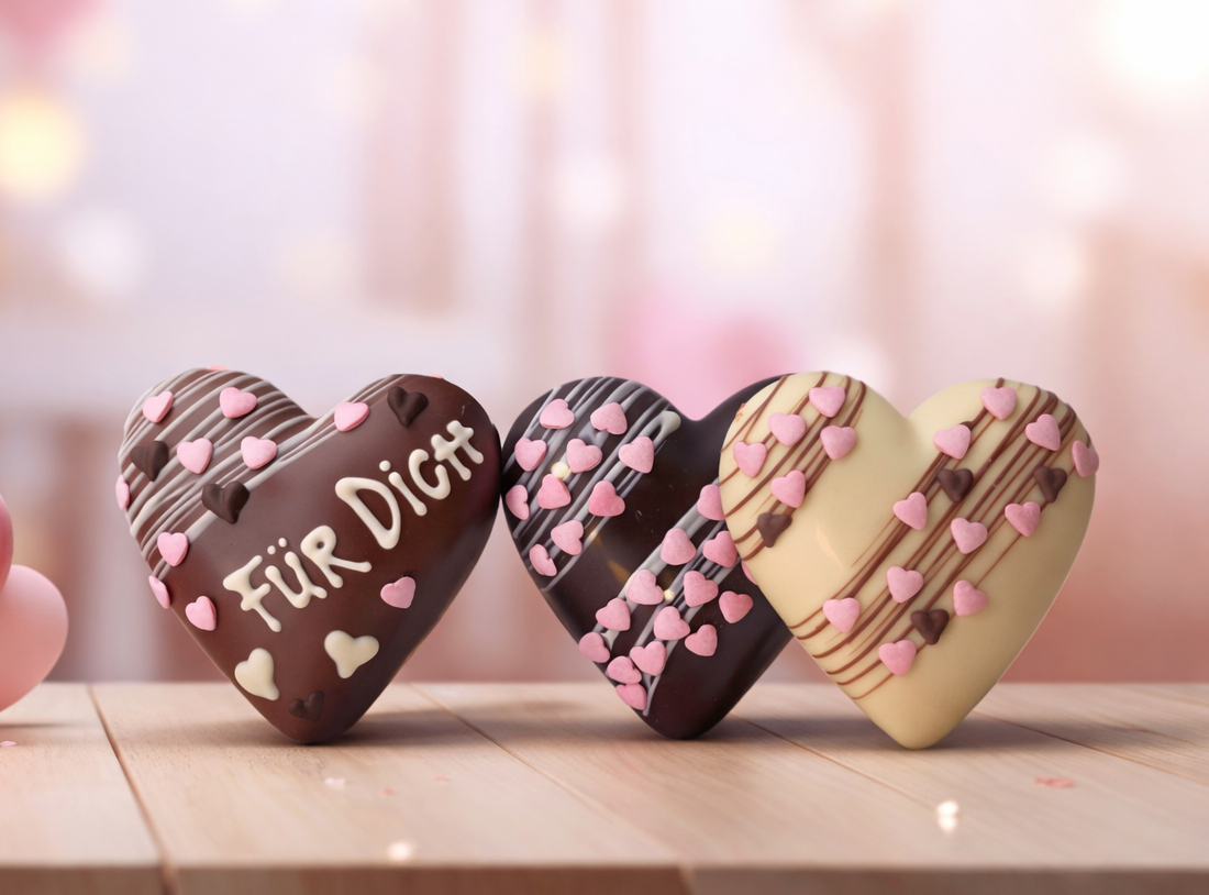 3 Herzen aus Schokolade, verziert. Milch, dunkel und weiss
